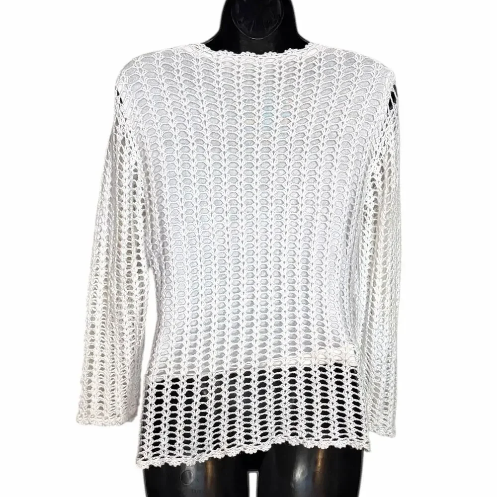 VTG Y2K Croft & Barrow Open Knit Crochet Sweater S White Boho Coastal Grandma